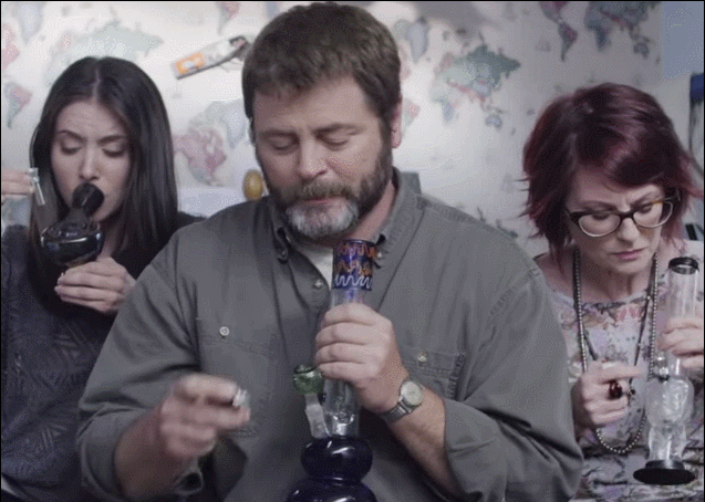 Ronald Ulysses, Alison Brie, Megan Mullally smoking a bong
